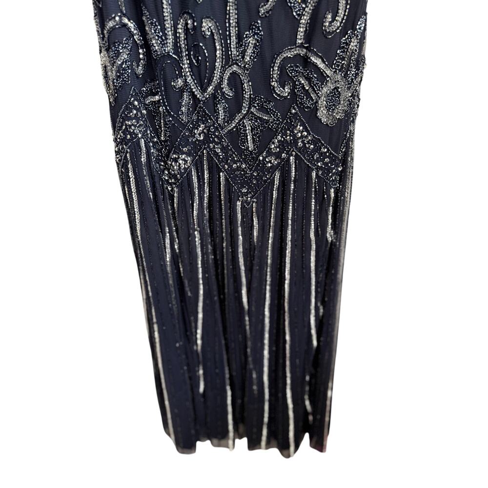 Pisarro Nights Embellished Mesh Drop Waist Maxi Dress Navy Blue Women's Size 10 - Picture 4 of 9